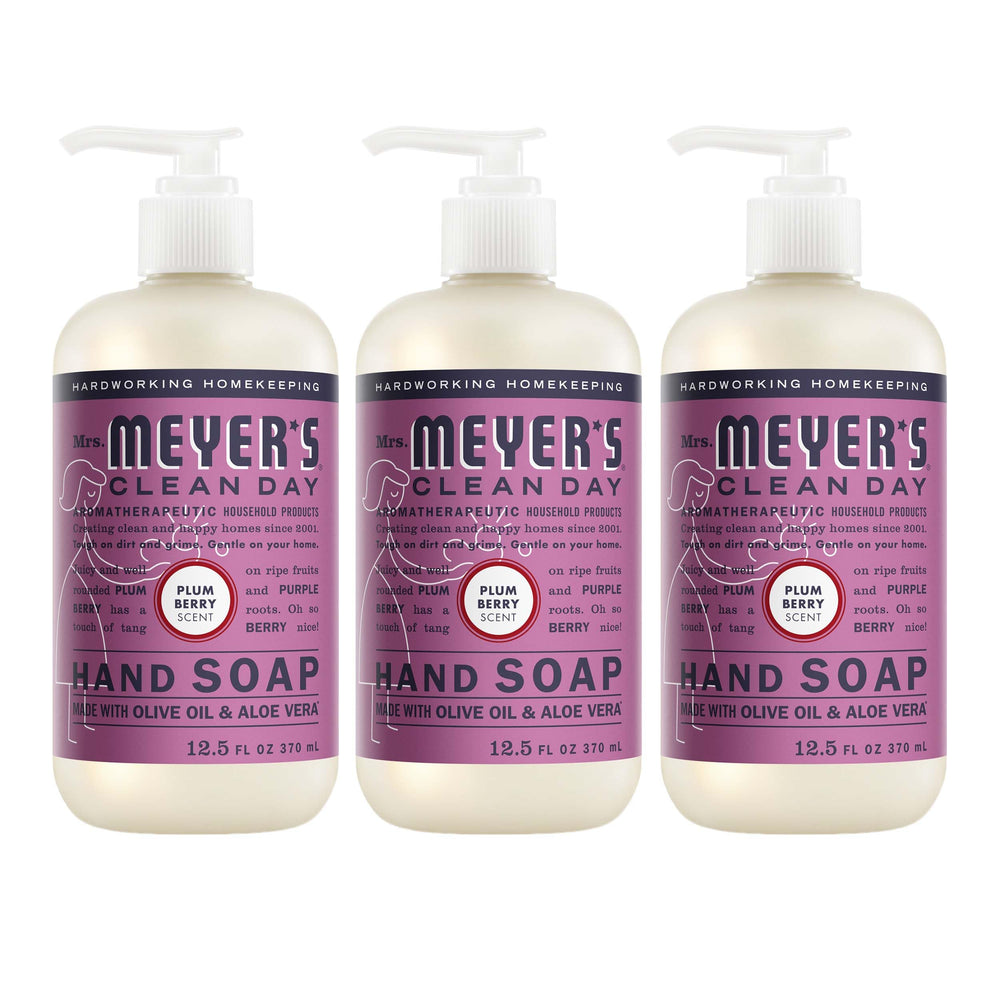 Mrs. Meyer's Plum Berry liquid hand soap bottle pour for refreshing cleansing