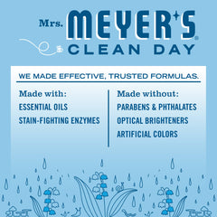 Label graphic of Mrs. Meyer's Rain Water detergent highlighting plant-based cleaning.
