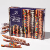Mrs Prindables 24 chocolate-dipped caramel pretzel rods gift-ready presentation.