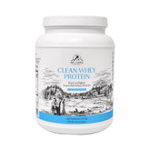 Mt. Capra Clean Whey bottle being poured, showing unsweetened goat whey protein.