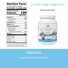 Mt. Capra Clean Whey powder scoop highlighting 24 g protein per serving.