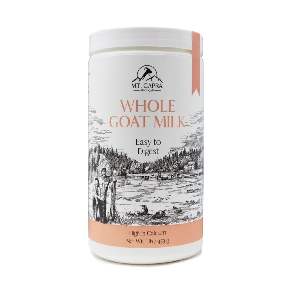 Mt Capra Goat Milk Powder packaging showing shelf-stable convenience for travel.