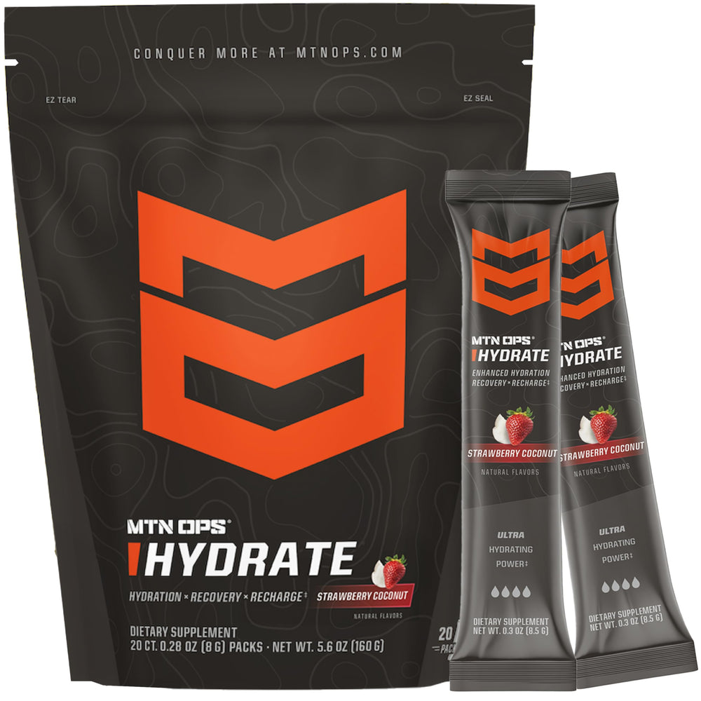 MTN OPS Hydrate strawberry coconut packet ready to mix for refreshing hydration on the go.