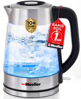 Mueller Rapid Boil kettle with glass body for fast, clean heating.