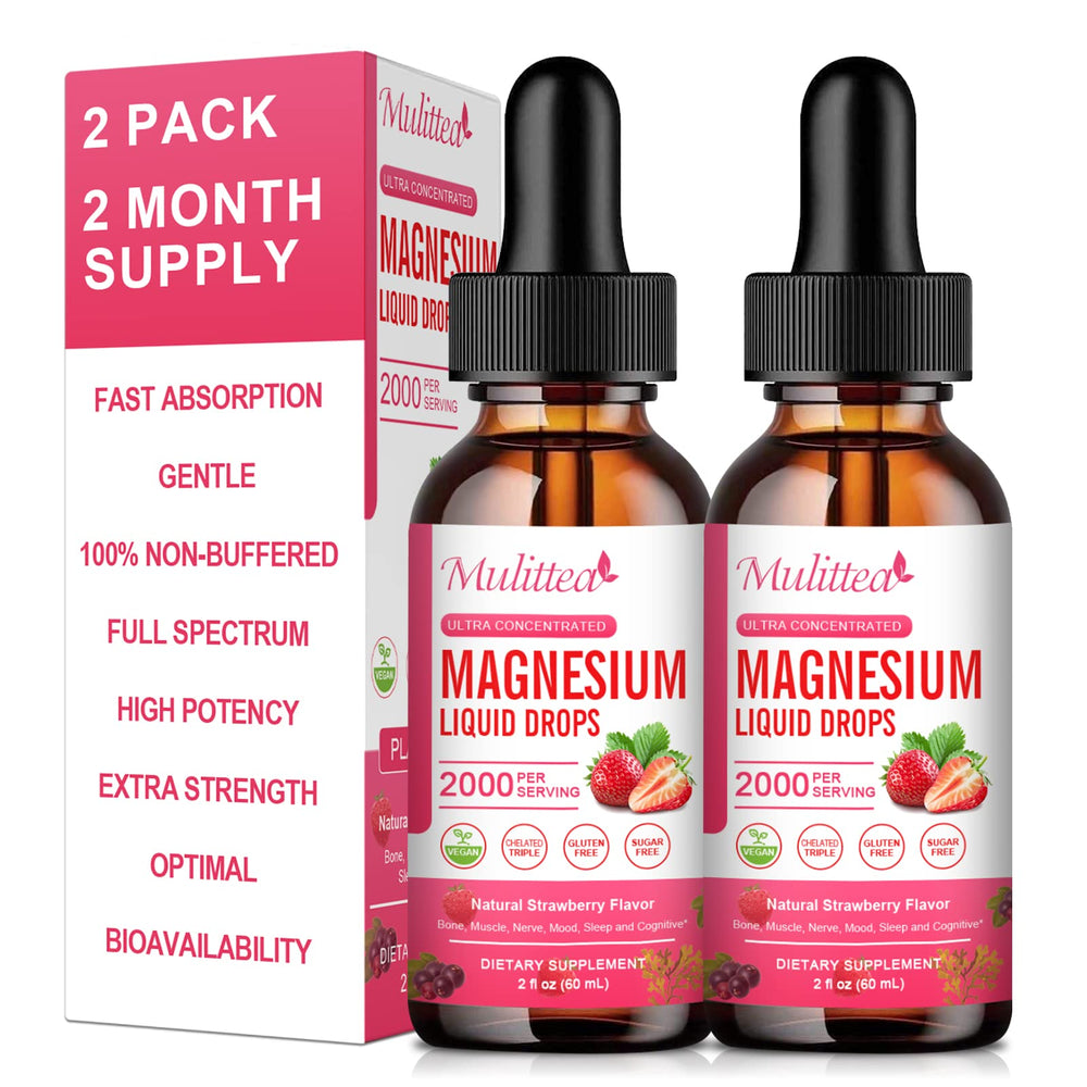 Mulittea Magnesium Glycinate Liquid bottle highlights high potency formula for daily relaxation.