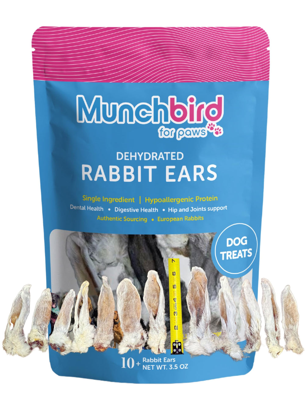 Munchbird Dehydrated Rabbit Ears close-up showing crunchy texture for dogs.