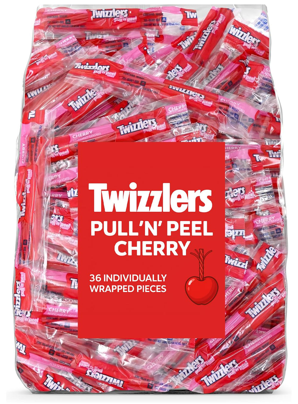 Munchique Pullin Peel Cherry Licorice Candy bag containing 36 individually wrapped sticks