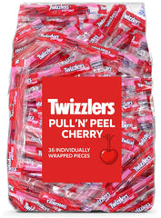Munchique Pullin Peel Cherry Licorice Candy bag containing 36 individually wrapped sticks