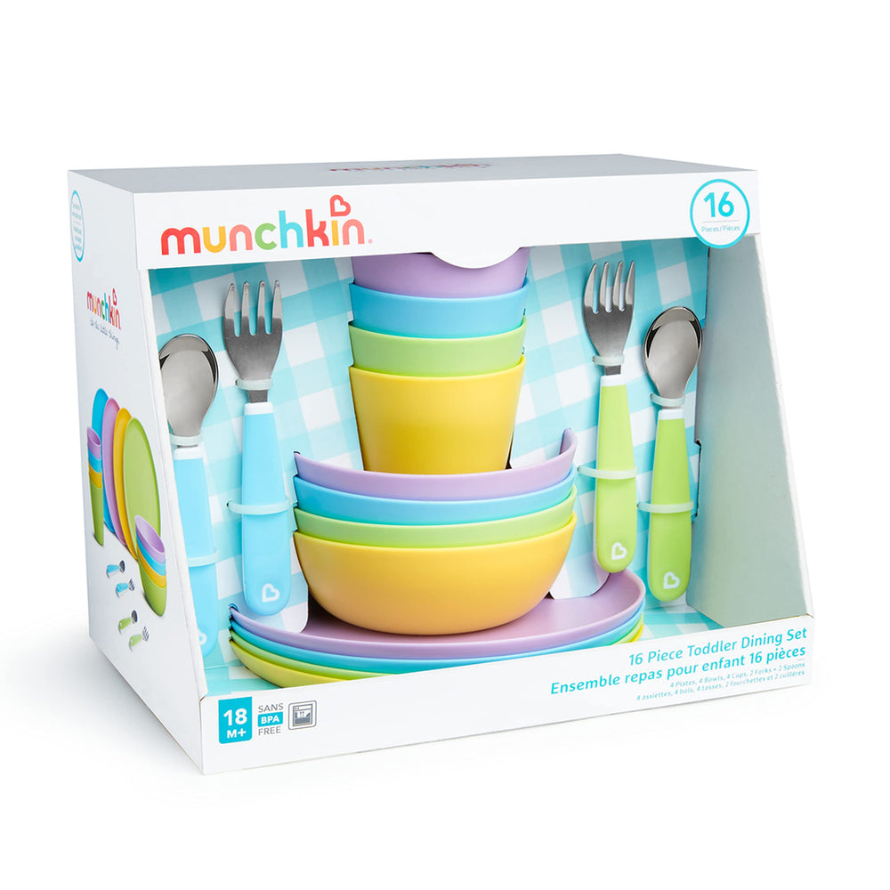 Munchkin 16pc set plates: durable self-feeding plates for little hands.