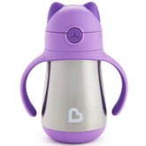 Munchkin Cool Cat Sippy Cup with straw in purple; insulated design keeps drinks cold for toddlers on the go