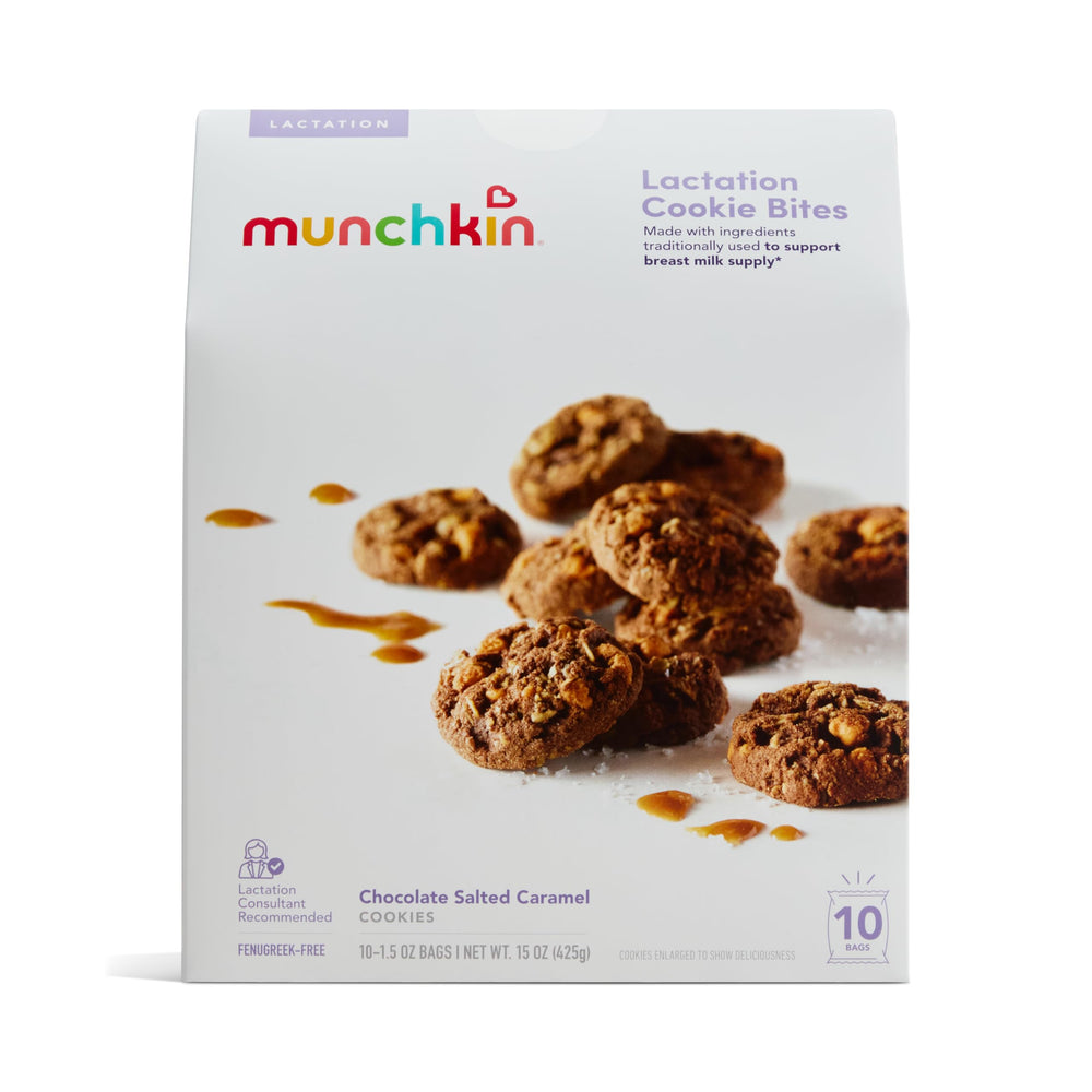 Munchkin Milkmakers pack front showing chocolate salted caramel bites for on-the-go moms