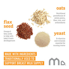 Munchkin Milkmakers Lemon Bliss ingredients highlighting oats and flaxseed for mom's nutrition.