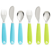 Munchkin Splash toddler utensils with colorful handles for easy self-feeding.