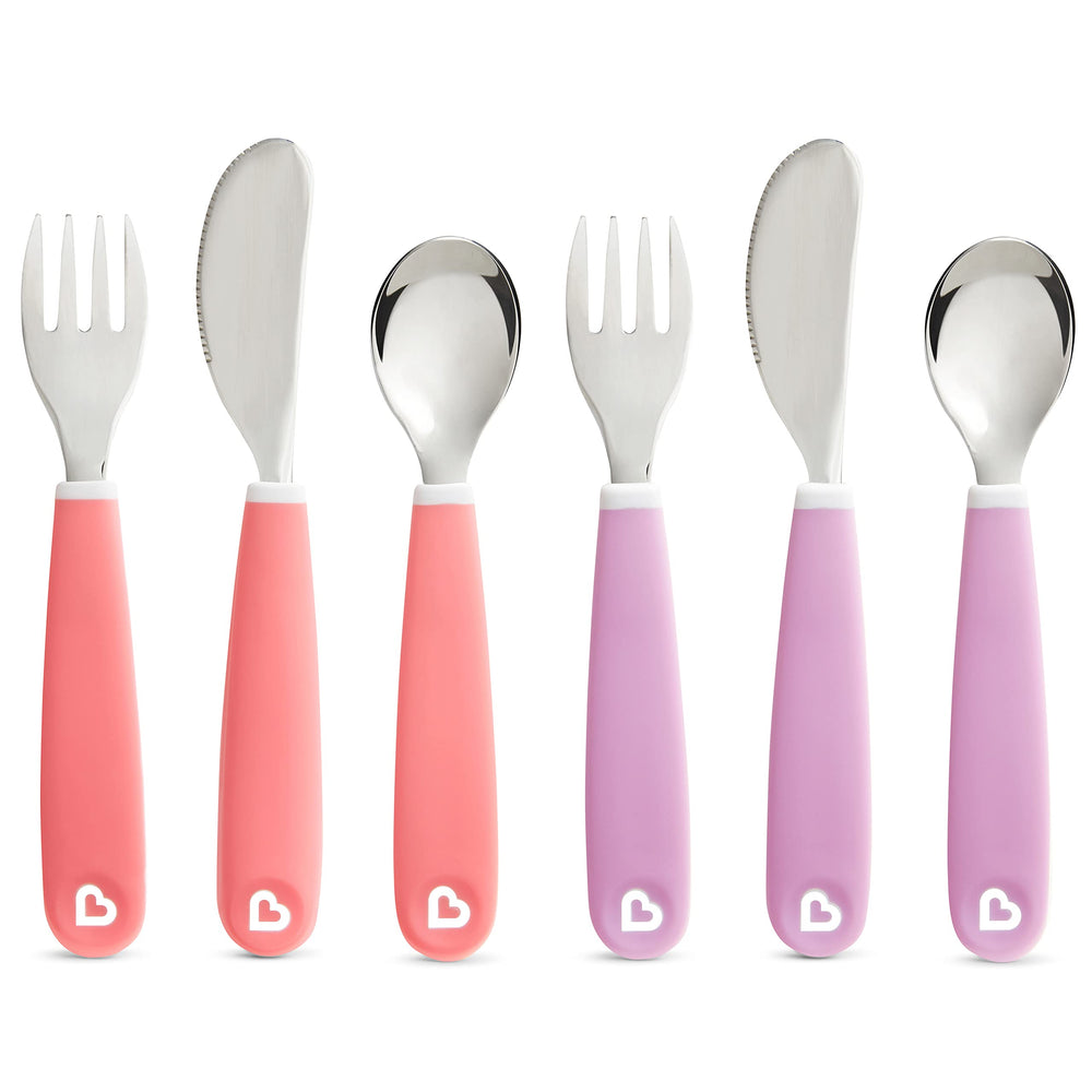 Munchkin Splash toddler utensils pink and purple collection for self-feeding.
