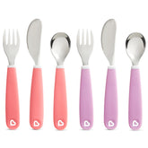 Munchkin Splash toddler utensils pink and purple collection for self-feeding.