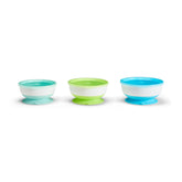 Munchkin Stay Put suction bowls assembly on table reduce spills.