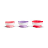 Munchkin Stay Put suction bowls in pink and purple stay in place for mess-free meals