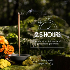 Murphy's Naturals camping setup incense stick guards against mosquitos during meals.