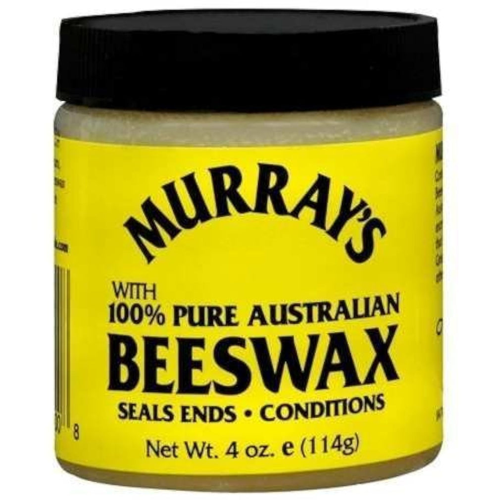 Murray's 4 oz beeswax tub showing a stiff hold for easy styling.