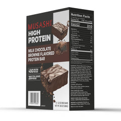 Musashi High Protein Bar nutrition facts panel highlights 45g protein and 2g sugar