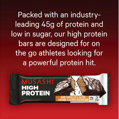 Musashi High Protein Bar nutrition panel highlights low sugar and high protein.