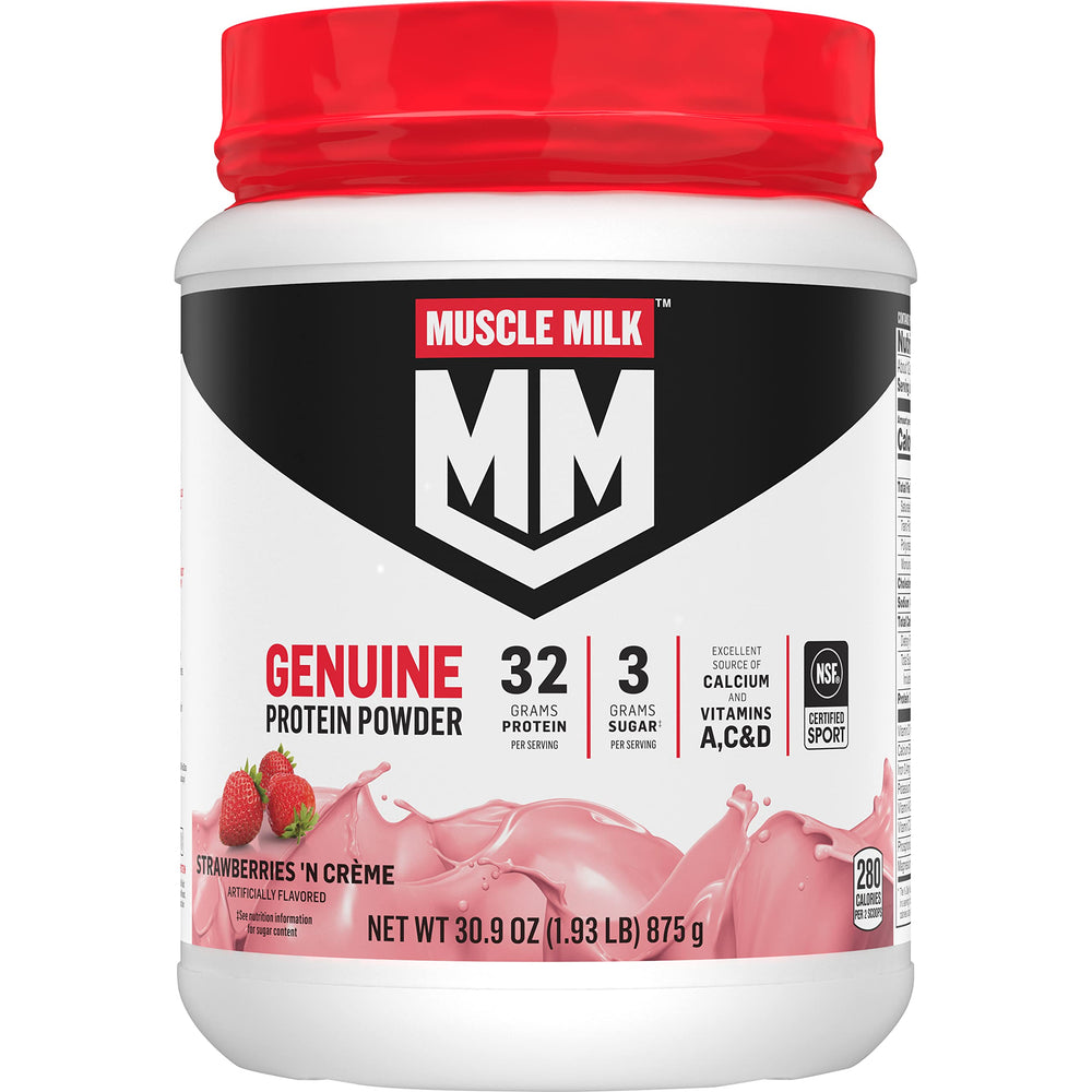 Muscle Milk Genuine Protein Powder Strawberries N Creme canister supports post-workout recovery.