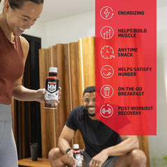 Muscle Milk label close-up showing 25g protein and zero sugar.