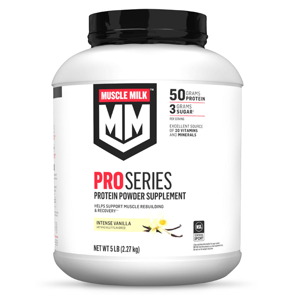 Muscle Milk Pro Series Intense Vanilla canister front view for energy and recovery potential