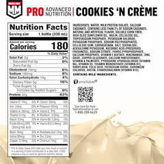 Muscle Milk Pro Series Shake Cookies-n-Creme bottle with nutrition details.