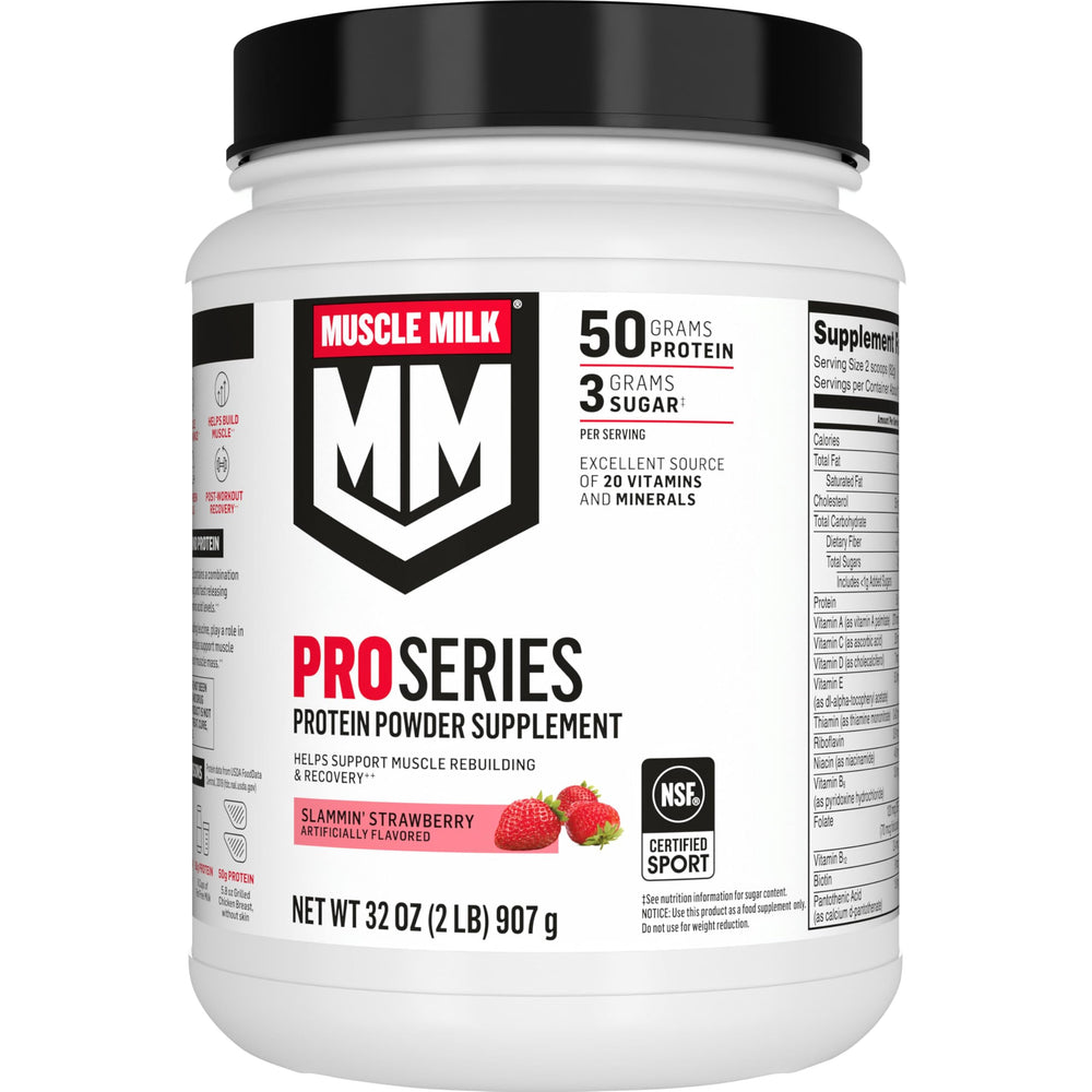 Muscle Milk Pro Series Slammin' Strawberry tub showing high protein formula for post-workout energy