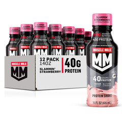 Muscle Milk Pro Slammin' Strawberry bottle front showing 40g protein per serving for recovery.