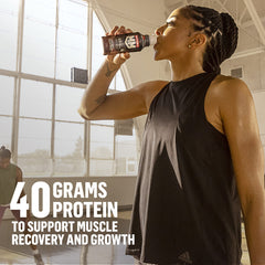 Nutrition panel on Muscle Milk Pro Slammin' Strawberry showing fiber and low sugar content.