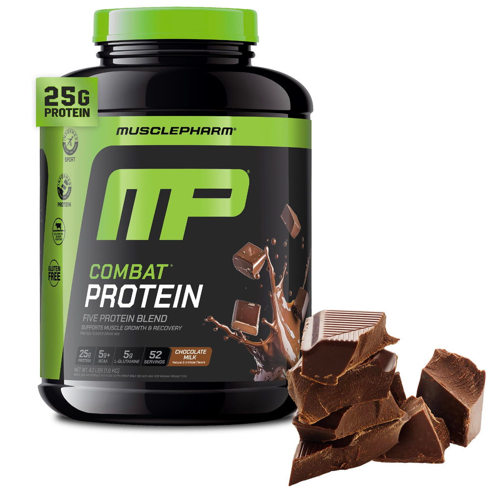 MusclePharm Combat Protein Powder canister with chocolate milk flavor for post-workout recovery.