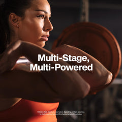 Muscletech 7-source protein blend visual highlighting diverse amino release benefits.