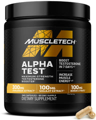 MuscleTech AlphaTest bottle label close-up showing 240 capsules for 60-day supply