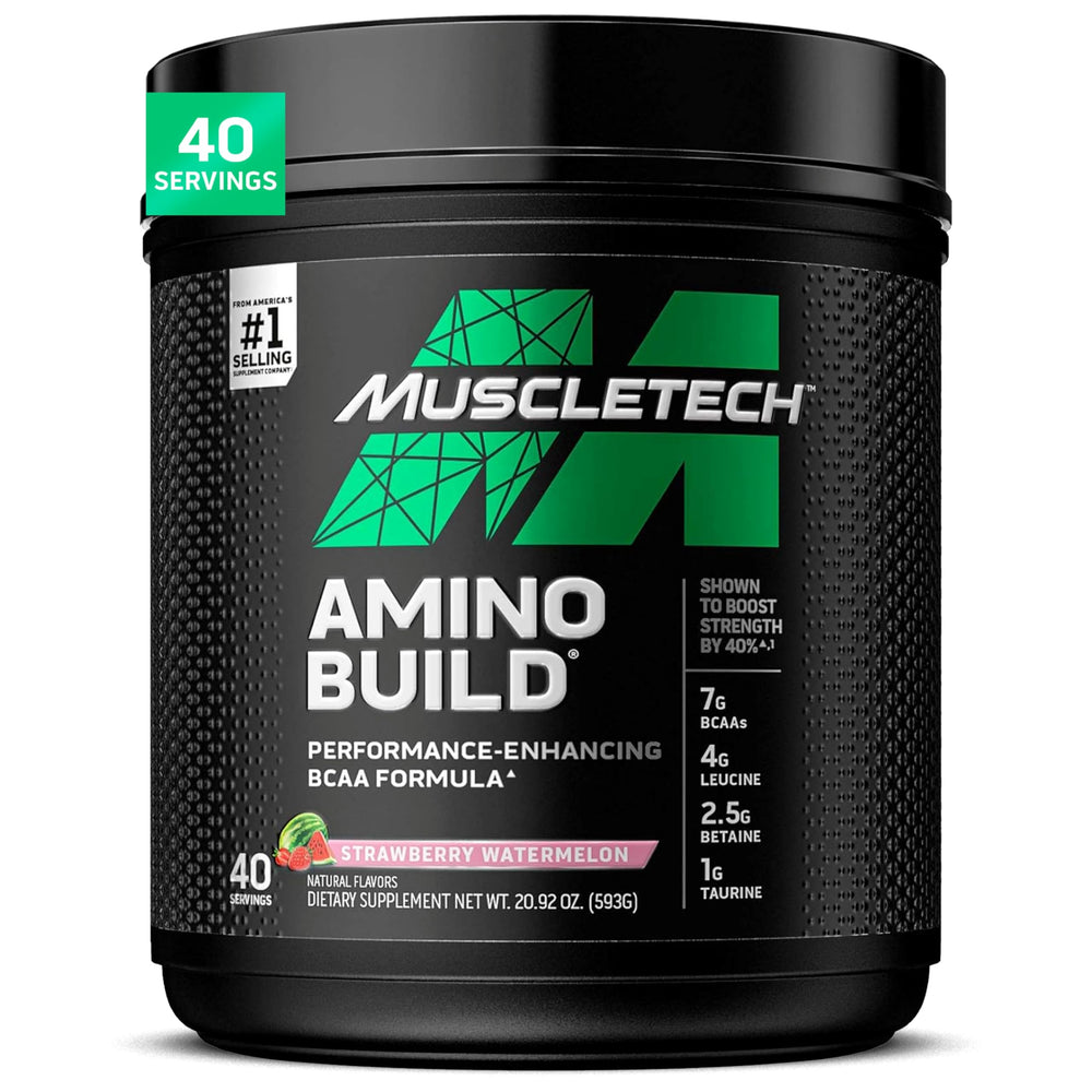 MuscleTech Amino Build bottle, ready for pre-workout strength support.