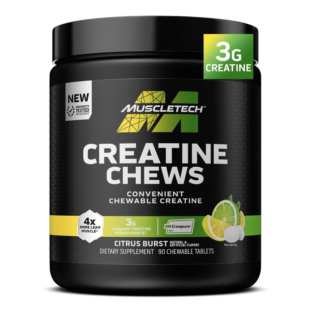 MuscleTech Creatine Chews front label, easy-to-find bottle for on-the-go muscle support.