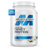 MuscleTech grass-fed whey tub in deluxe vanilla flavor for clean protein.