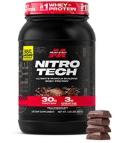 Muscletech Nitro-Tech whey protein tub in Milk Chocolate flavor for lean muscle support.