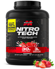 MuscleTech Nitro-Tech strawberry bottle showcases high-protein power for lean muscle gains.