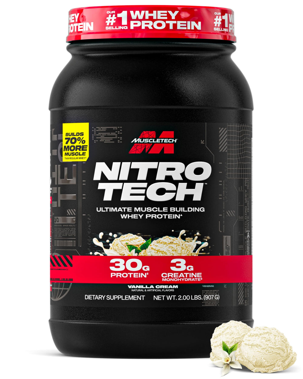 MuscleTech Nitro-Tech Whey Protein Vanilla Cream tub with rich flavor for post-workout recovery.