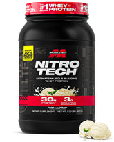 MuscleTech Nitro-Tech Whey Protein Vanilla Cream tub with rich flavor for post-workout recovery.