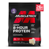 Muscletech Platinum 8-Hour protein scoop showing extended amino delivery for workouts.