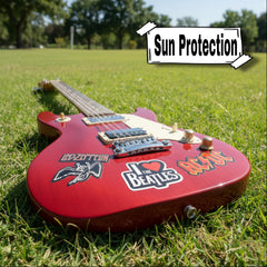 Mushi scratch-resistant decals on a guitar celebrate rock aesthetics.