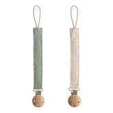 Mushie olive linen pacifier clip with soft fabric and secure clasp