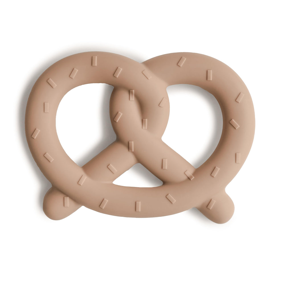 Mushie Pretzel teether front view shows soft silicone for soothing gums