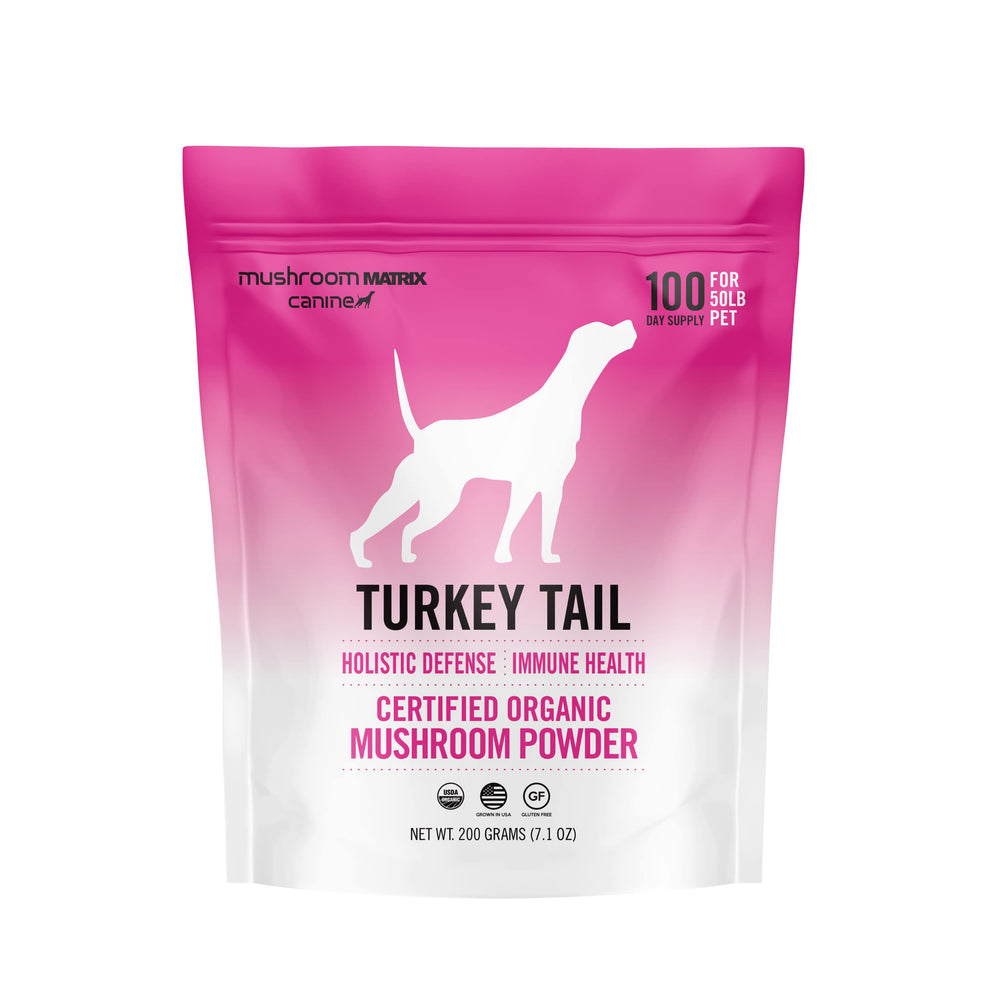 Mushroom Matrix Turkey Tail powder bottle for dogs and cats, supporting immune health.