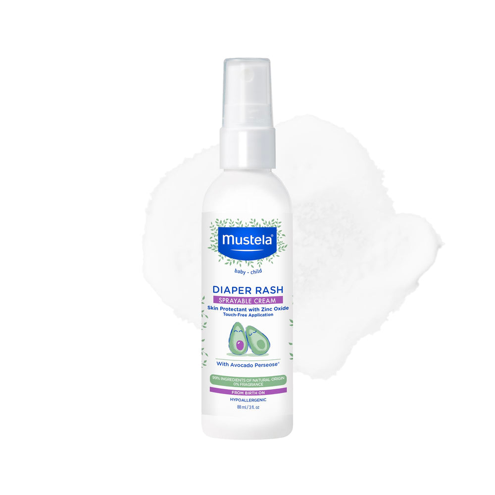Mustela baby diaper rash spray bottle shown for quick touch-free application