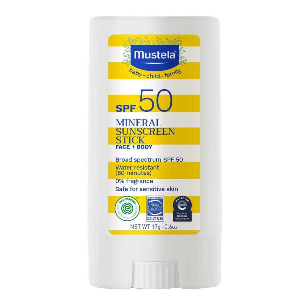 Mustela Baby Mineral Sunscreen Stick on the face protects delicate skin.