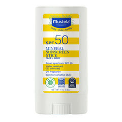 Mustela Baby Mineral Sunscreen Stick on the face protects delicate skin.